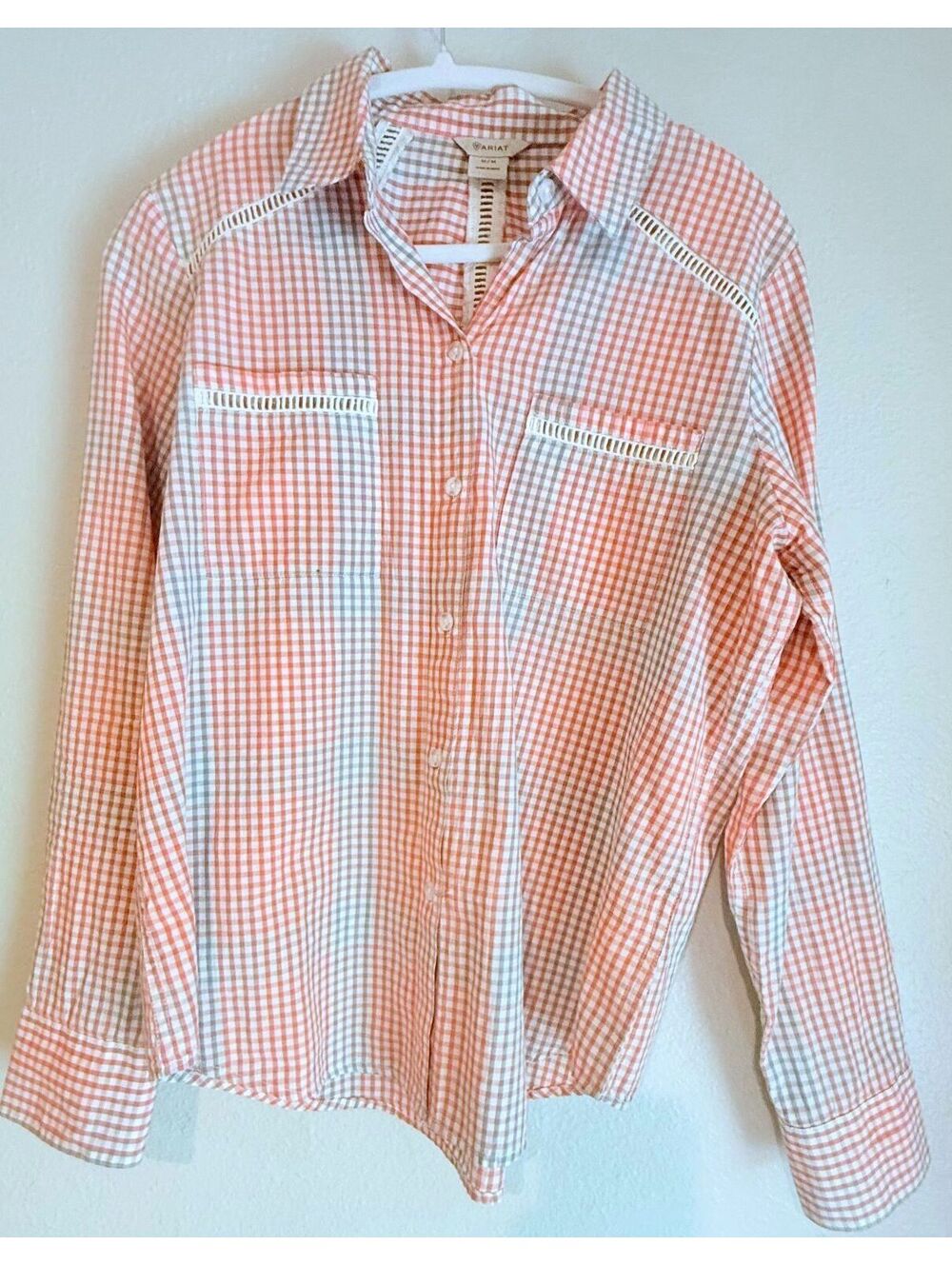 Ariat Cotton Long Sleeve Gingham Western Crochet Trim Shirt Medium